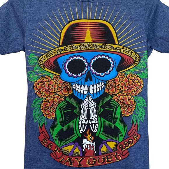 Sugar Skull Printed Cotton T-Shirt | Small | Blue - Picture 3 of 15